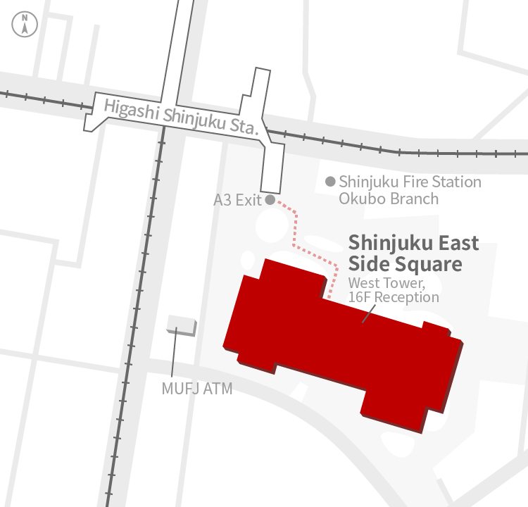 Access Map of Rakuten, Inc. Shinjuku East Side Square office.
